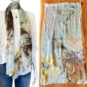 100% Silk Vince Camuto Seafoam Green Yellow Brown Floral Long Scarf Boho 18x72”